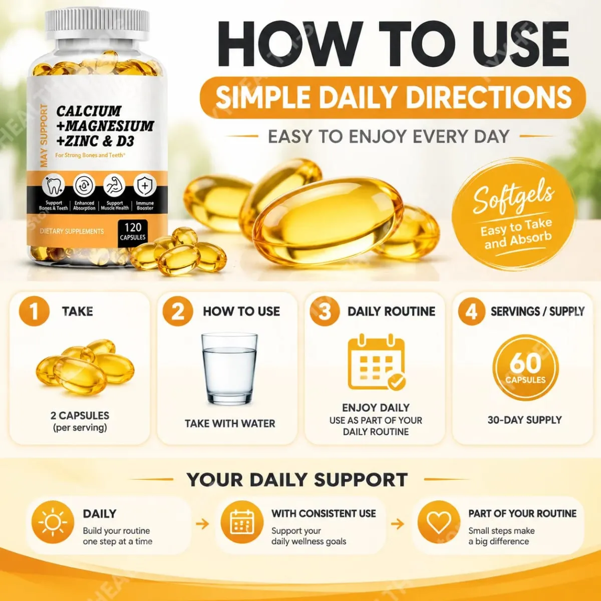 Ασβέστιο Magnesium Zinc Softgels Υποστήριξη οστών και δοντιών Συμπλήρωμα βιταμίνης D3 που υποστηρίζει την υγεία των μυών και την ανοσολογική λειτουργία 120 κάψουλες
