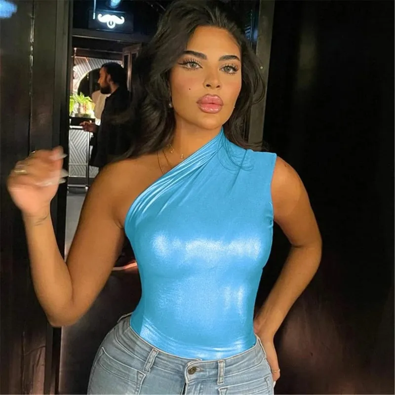 Γυναικείο κορμάκι Glitter One Shoulder Μπλε Ασημί Πορτοκαλί Κόκκινο