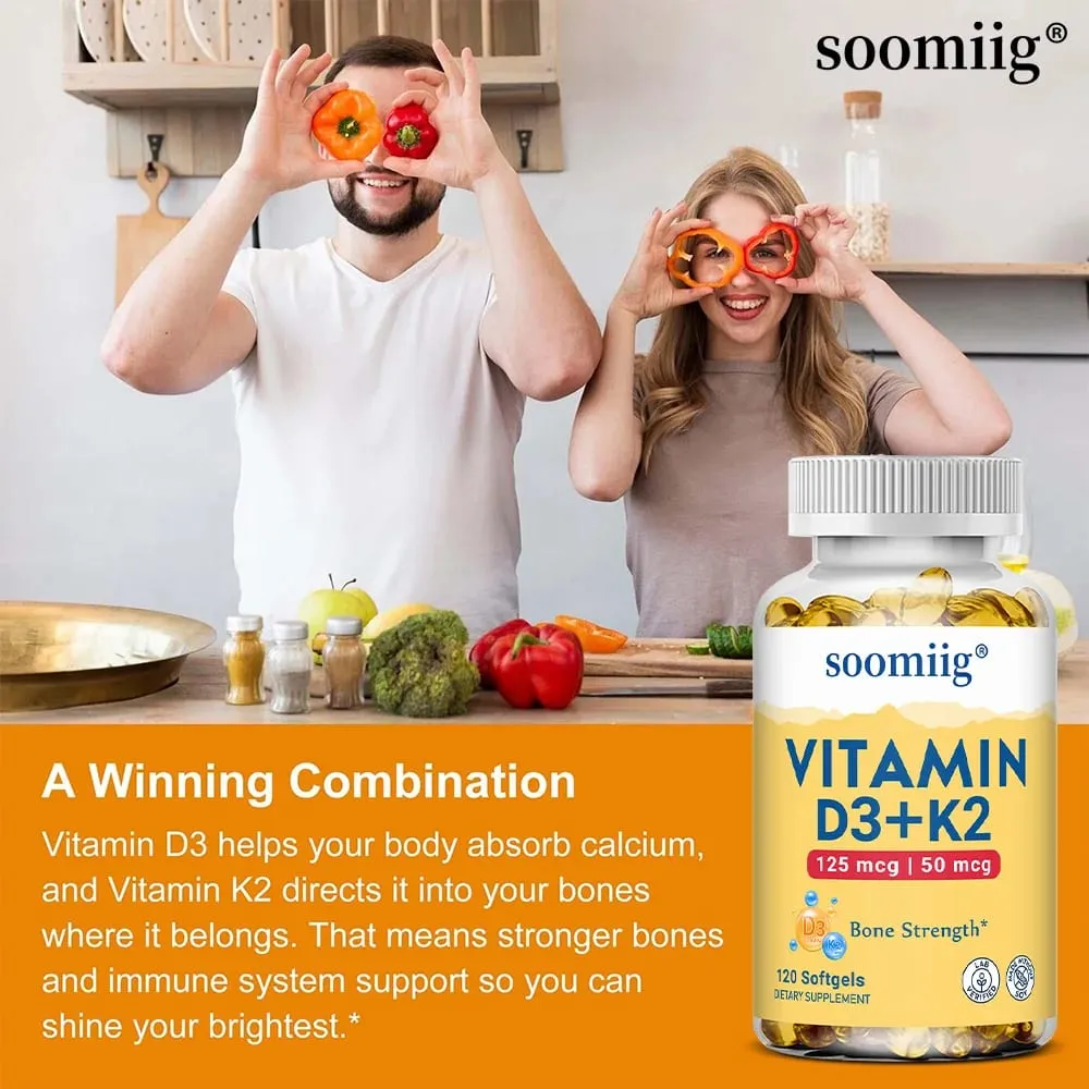 Vitamin D3+K2 Capsules 5000IU 120pcs Bone & Immune Support Vegan Συμπλήρωμα για ακρίβεια των οστών και γενική υγεία