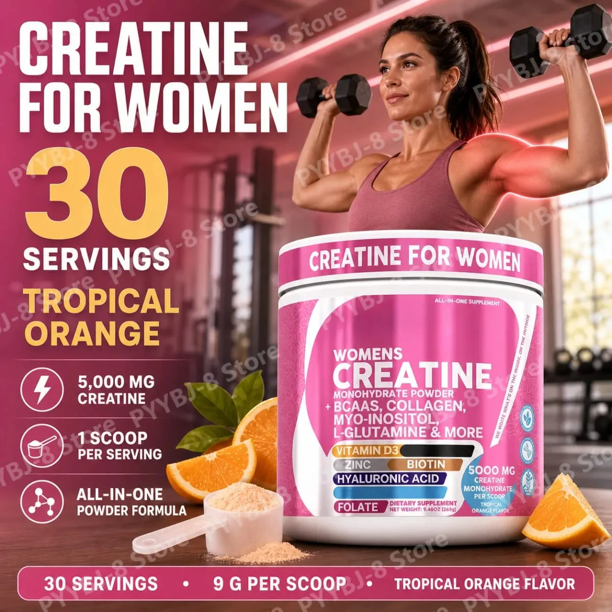 Γυναικεία μονοϋδρική κρεατίνη σε σκόνη 5000mg BCAA Multi-Collagen Biotin Vitamin D3 Tropical Orange Sports Nutrition 30 μερίδες — image 2