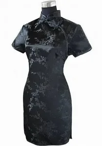 สีดำแบบดั้งเดิมจีนผู้หญิง Qipao ชุดเซ็กซี่สั้น Cheongsam Handmade ปุ่มดอกไม้ขนาดใหญ่ 3XL 4XL 5XL 6XL