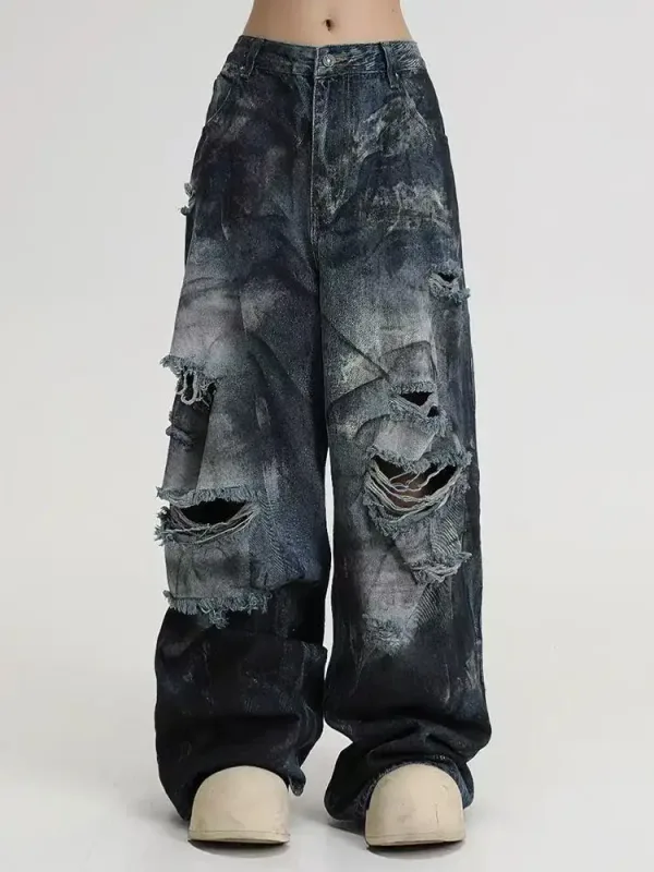 Inkjet Hole กางเกงยีนส์ผู้ชายผู้หญิงใหม่อเมริกันล้าง Hip-Hop กางเกงขากว้าง Gothic Street กางเกงตรง