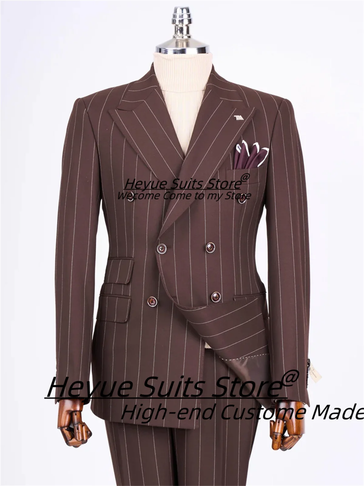 Handsome French style Stripe Men Suits Slim Fit Double Breasted Groom Tuxedos 2 Pieces Sets Classic Male Blazers Ropa Hombre