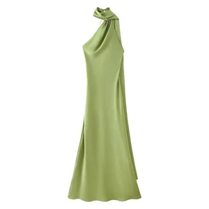 High Street Women Sexy Elegant Halter Long Dress Female Fashion Backless Green Satin Party Maxi Vestidos