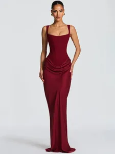 Mozision Thanh Lịch Hở Lưng Gợi Cảm Đầm Maxi Nữ Áo Choàng Thời Trang Cổ Vuông Phối Không Tay Skinny Vải Xếp Câu Lạc Bộ Đảng Áo Dài