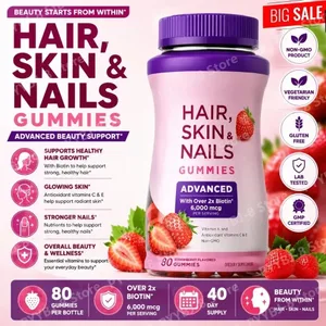 Biotină Gummie Aromă de căpșuni cu 6000Mcg Biotină și Vitamine Sprijin pentru păr și unghii sănătoase 80 buc supliment nutrițional