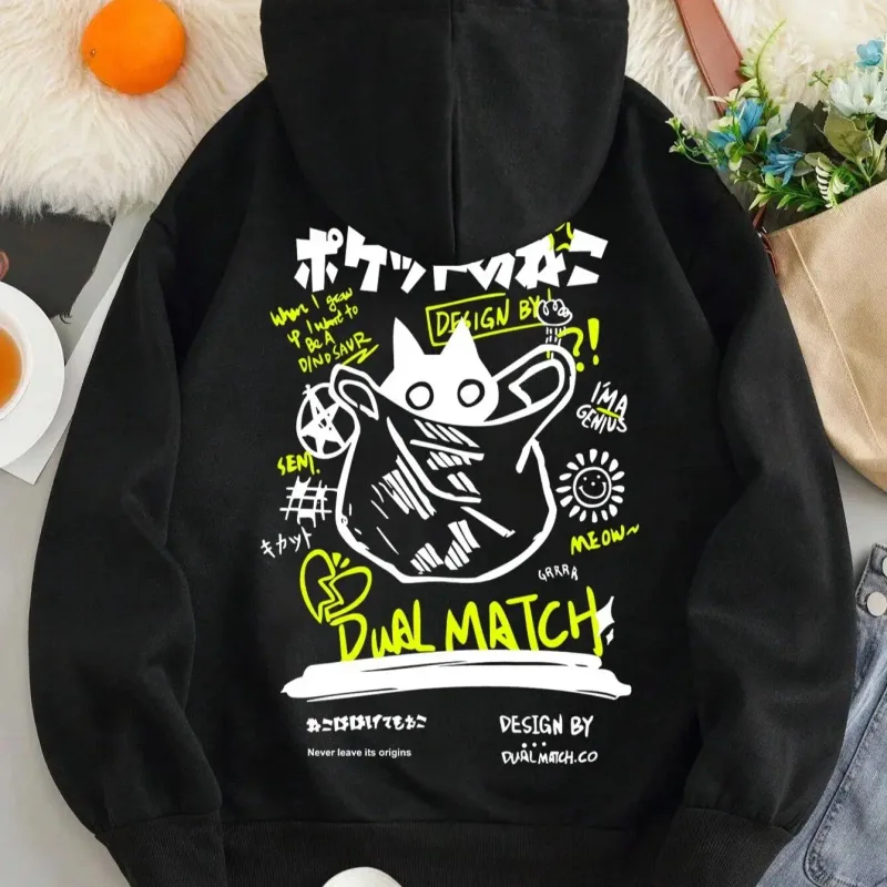 Style japonais Sweat à capuche chat noir Hommes Femmes Rue extérieure Mode décontractée Dessin animé Sport à manches longues Adulte Sweat d'automne et d'hiver