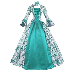 Mulheres laço-up vestido medieval babados arco vintage vitoriano carnaval maxi vestido de cintura alta floral feminino vestido longo de fadas