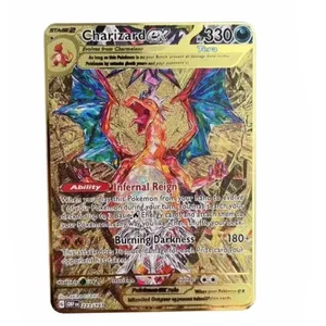 Carta pokémon vmax metal letras pokémon pikachu gx mewtwo charizard vstar anime jogos brinquedos ferro dourado jogando cartas crianças presentes