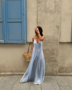 Seksowna damska jednokolorowa, plisowana, długa sukienka elegancka bez rękawów z szelkami, bez pleców, slim fit sukienki impreza na plaży damska szata
