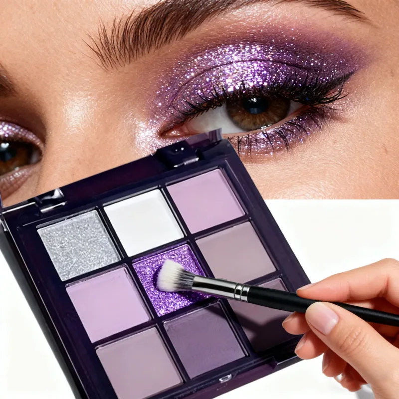 Eyeshadow palette nine shades of smoky matte pearlescent fine dark purple glitter affordable makeup