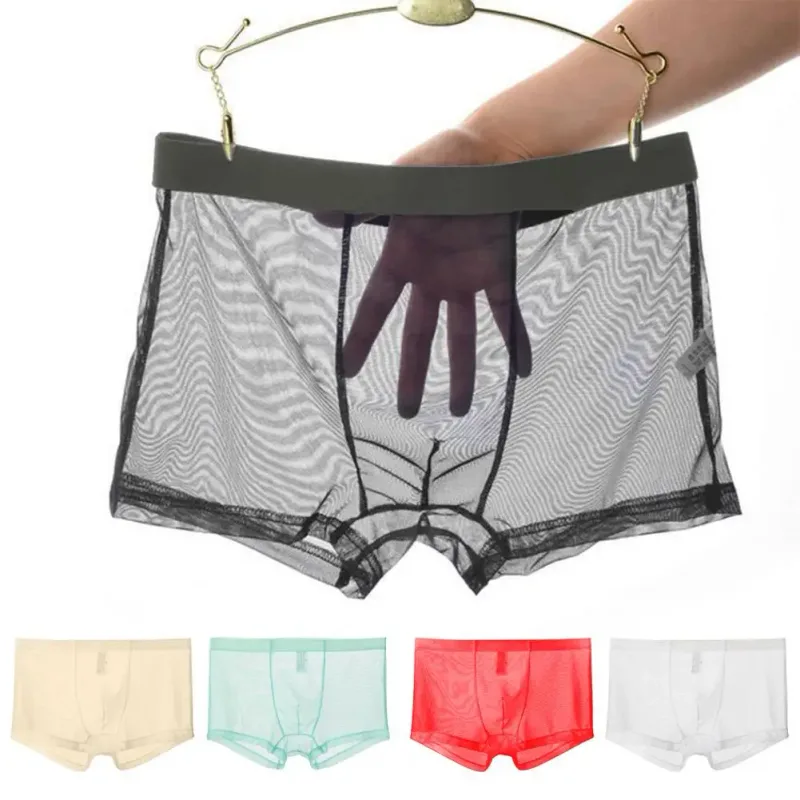 Bóxers transparentes para hombre, calzoncillos transparentes de malla Sexy, cintura baja, seda helada, bragas refrescantes finas, ropa interior para hombre