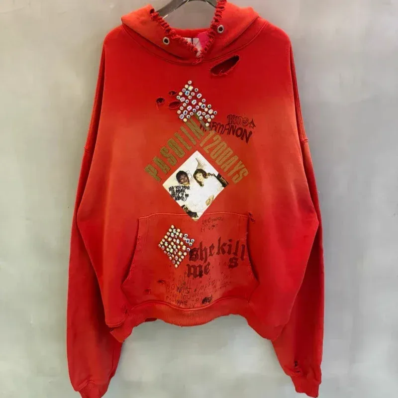 Hot Drill Paly Hollywood Washed Red Hoodies Men Women Best Quality Washed Full Printed Graffiti Oversized Sweatshirt