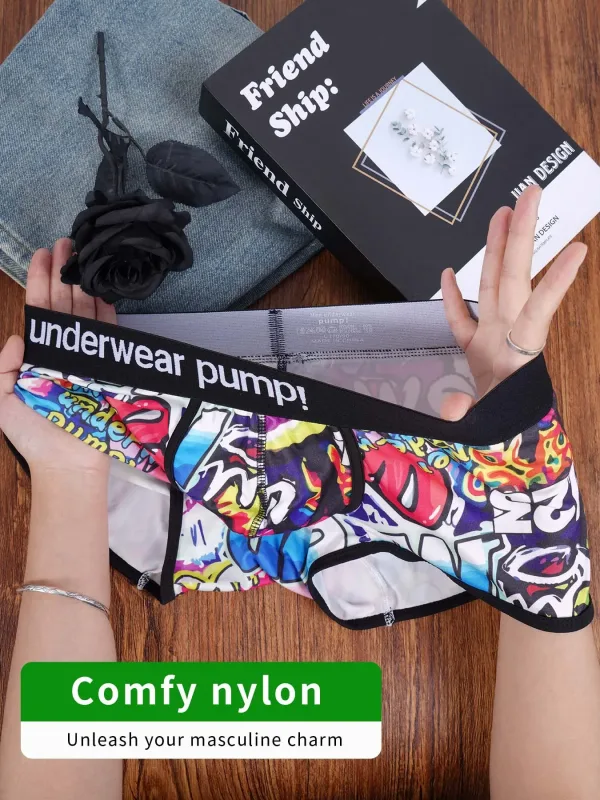 1- 4PCS ผู้ชายผ้าฝ้ายไนลอนผสมกางเกงบ็อกเซอร์ทั่ว Graffiti พิมพ์เอวยางยืดกว้างไม่แน่นแฟชั่นชุดชั้นในกีฬา