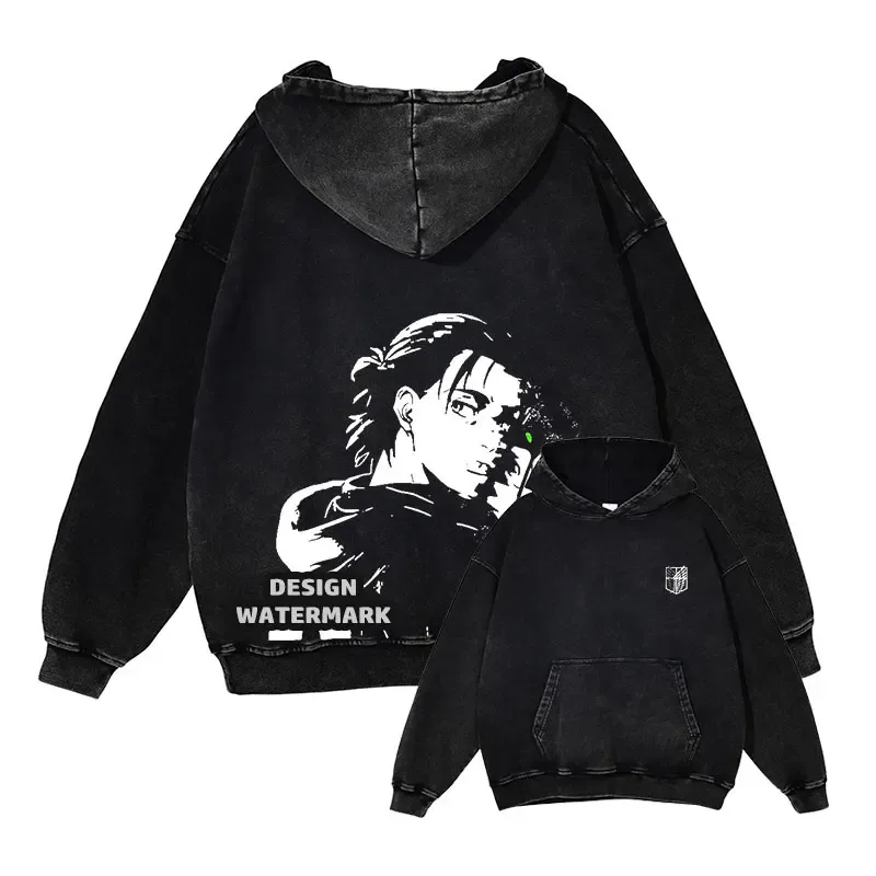 Anime Levi Hoodies Vintage Washed A-Attack on Titan Hoodie Casual Manga Yeager Eren Kapuzenpullover Titan Attack Pullover