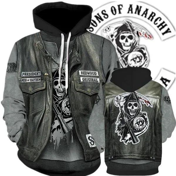 Pánské Street Style 3D Sons of Anarchy Potisk Mikiny Mikiny Podzim/Zima Unisex Volné Běžné Tepláky Outdoor Y2k Pulovr