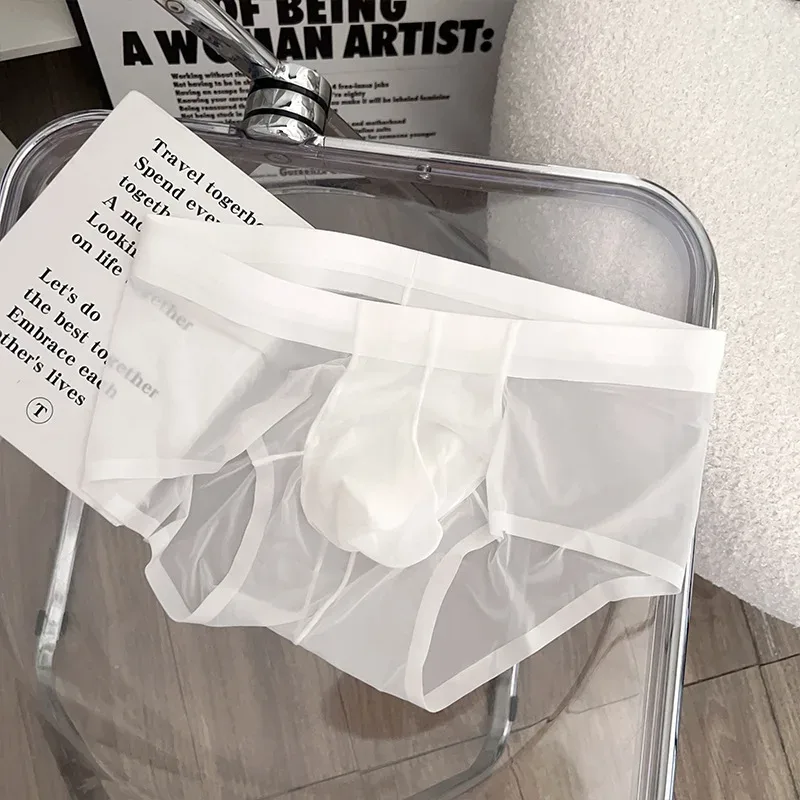Calzoncillos transparentes para hombre, bragas ultrafinas de seda helada de secado rápido, ropa interior Sexy con bolsa para bulto en U, calzoncillos transpirables Cuecas