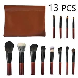 Conjunto de pincéis de maquiagem de nogueira, 13 peças, tamanho de viagem, profissional, sem galpão, mini pincéis de maquiagem com estojo