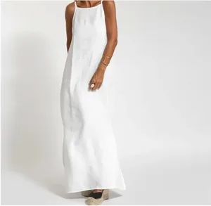 Linen kapas wanita Sisi Split Gaun Slip Panjang Musim Panas Wanita Pakaian Pesta Percutian Warna Pepejal Tanpa Tali