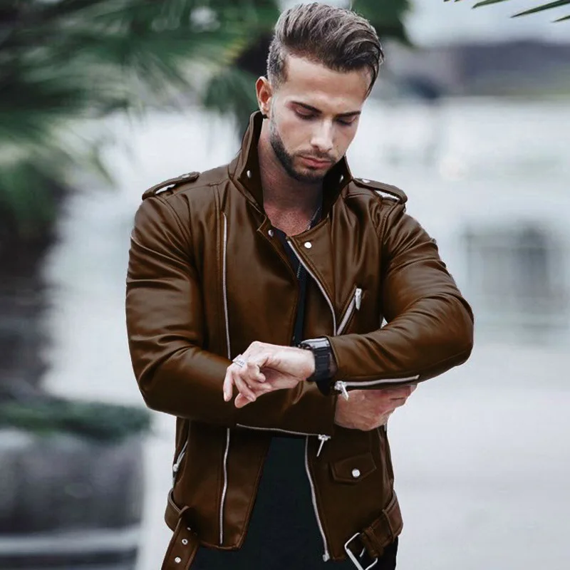 Fashion Leather Jackets Men Casual Slim Fit Turn Down Collar Male Jacket Men PU Leather Coat Men Autumn Winter Motorcycle Jacket