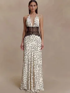 MO Patchwork Lace Print Polka Dot Halter Women Maxi Dress Sexy Backless Evening Dress Winter Skinny Elegant Party Dress