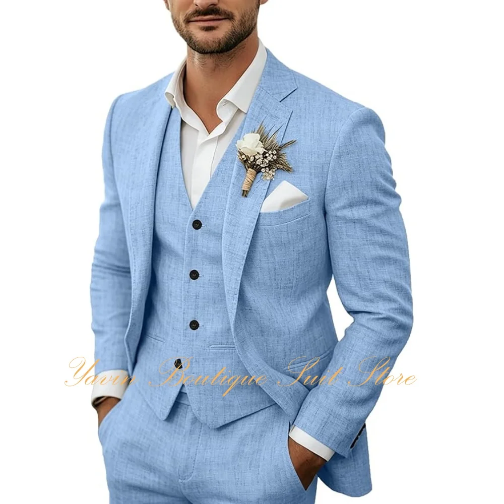Summer Men's Linen Suits Casual Blazer 3 Piece Jacket Vest Pants Suit Set for Men Wedding Business Prom Tuxedo Suits