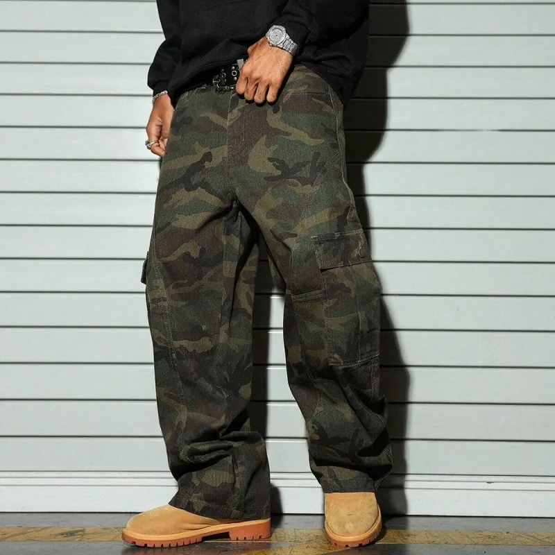 Mænds retro camouflage jeans med lige ben og multi-lomme-design Ideel til daglige Streetwear-outfits