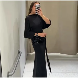 Női, hát nélküli flitteres patchwork maxi ruha Elegáns, széles ujjú, hosszú ruhák, nőies, új divatos esti parti napi köntösök