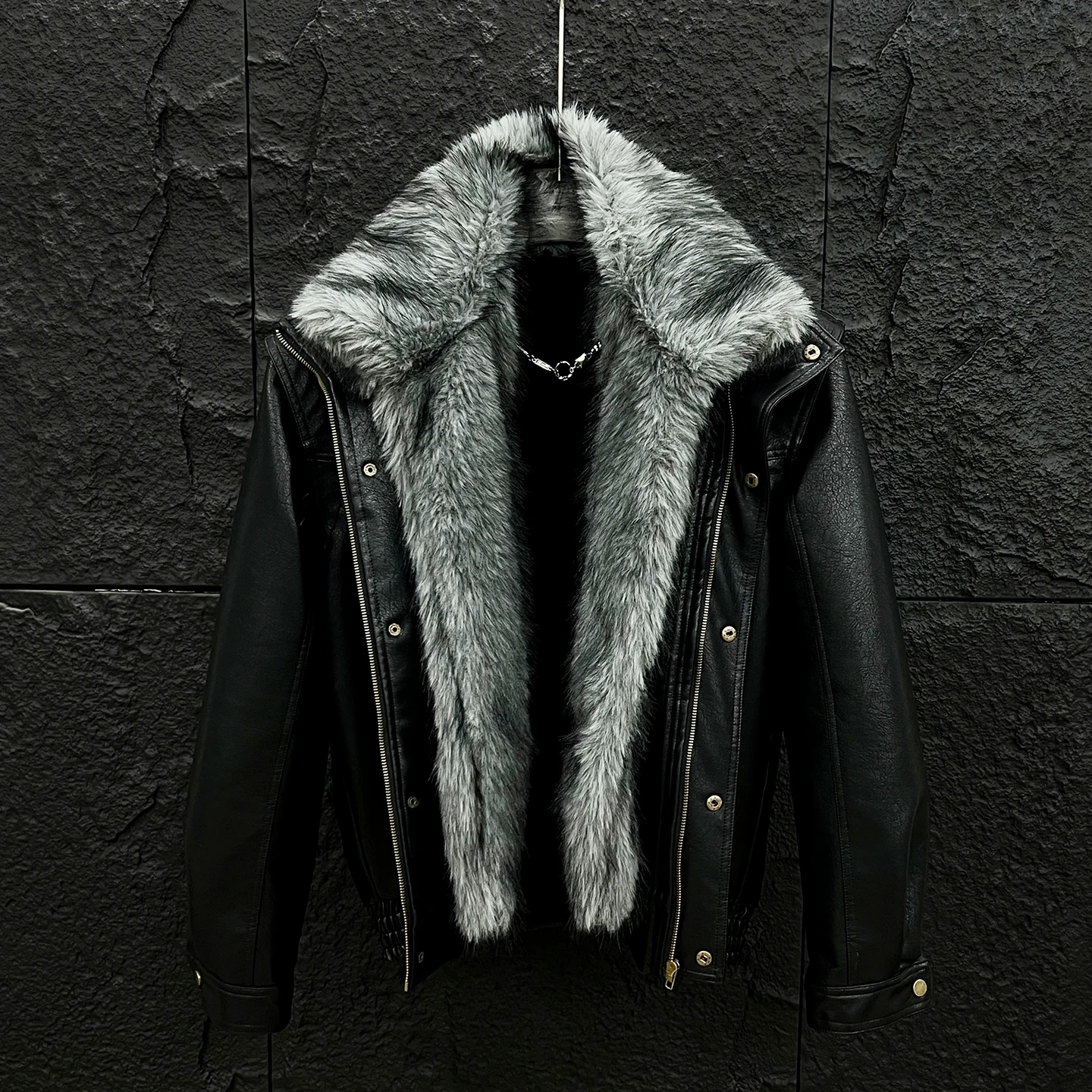 Techwear Style Detachable Faux Fur Collar Leather Jackets Man Winter Warmer Motorcycle Vintage Punk Leather Coat