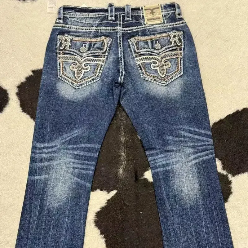 Washed Old Design High Street หลวมตรงขากว้างดึงเล็กน้อยกางเกงยีนส์เสื้อผ้า Cargo กางเกงผู้ชายสีม่วงยี่ห้อสำหรับชาย