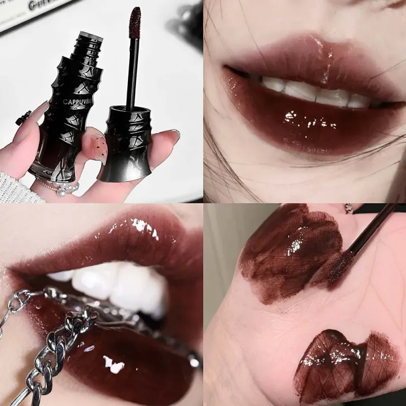 Crystal Punk Red-Brown Glossy Lip Stain Mirror Lip Glaze Sheer Nude Glitter Lip Tint Watery Shine Plumping Makeup Cosmetics