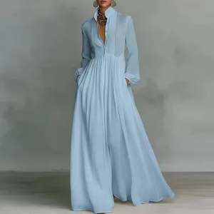 Francuska elegancka, długa sukienka z wysokim stanem, damska, wiosenna, solidne kieszenie, plisowana sukienka maxi, jesienna suknia wieczorowa z długim rękawem i guzikami