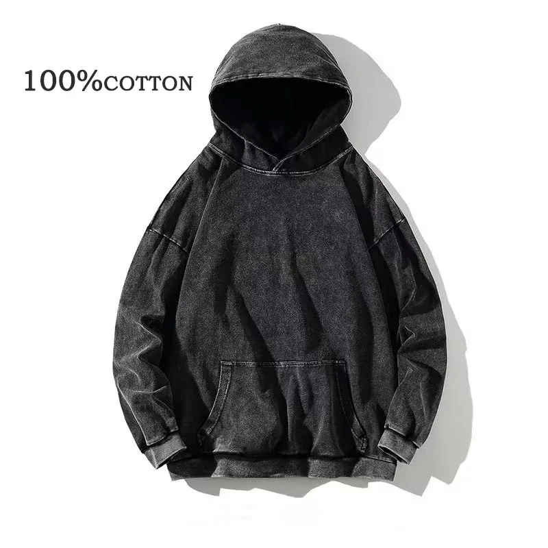 پوشاک مردانه 100% پنبه ای وینتیج مشکی هودی شوینده اسیدی مردانه زنانه سویشرت های هیپ هاپ بزرگ لباس های معمولی Pullover Y2K