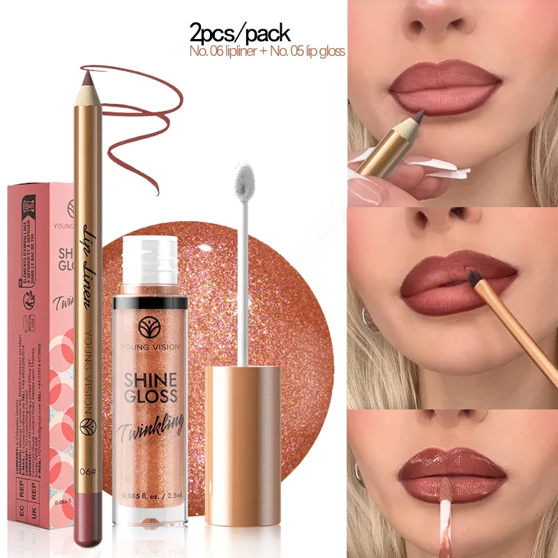 Set da 2 pezzi Matita per labbra opaca e lucidalabbra glitterato stellato Lucidalabbra perlescente Fine Shimmer Idratazione a lunga durata Trucco non appiccicoso