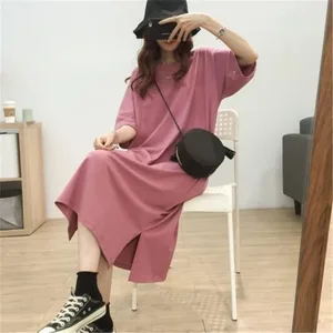 Robe longue en coton, manches courtes, couleur unie, coupe latérale, pour étudiante, ample, basique, col rond, Style coréen, nouvelle collection