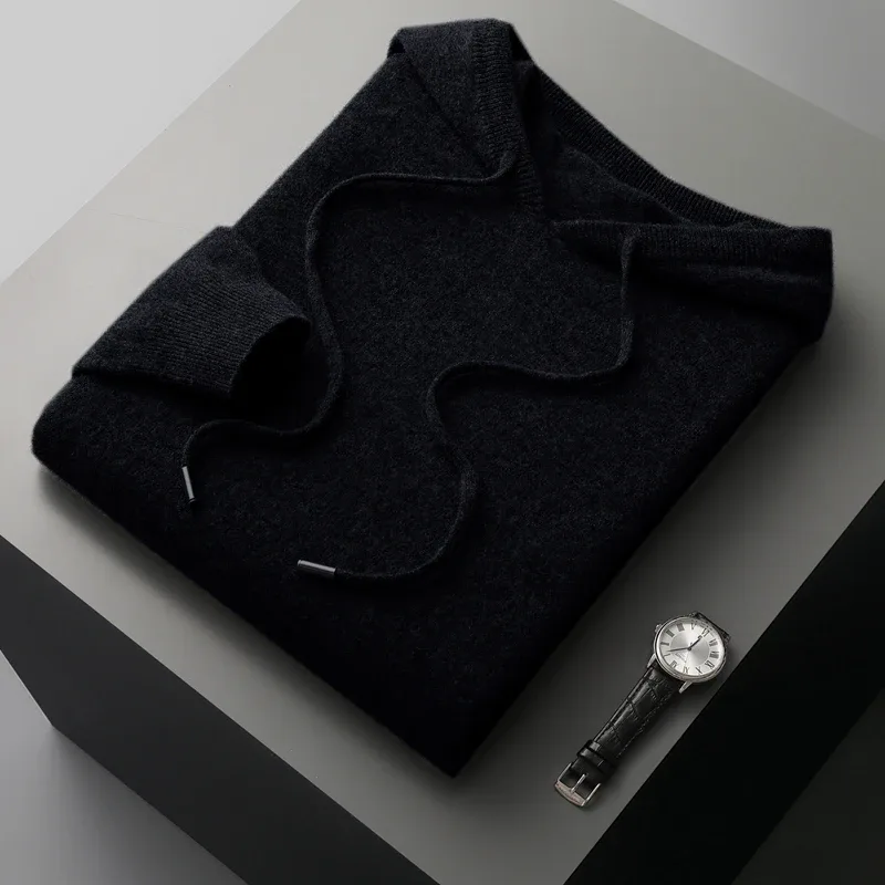 DjzDsm 100% Merino Wool Men's One-piece Ready-to-Wear Hoodie Knitted Sweatshirt Autumn Winter Casual Large Top Long Sleeved
