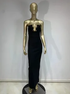 2025 Vrouwen Celebrity Sexy Strapless Backless Zwarte Maxi Lange Bodycon Bandage Jurk Elegante Avond Club Party Outfit