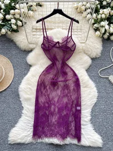 Woman Fashion Thin See Through Slim Fit Pure Desire Dress Women New Vintage Sexy Halter Mesh Embroidery Purple Long Dress