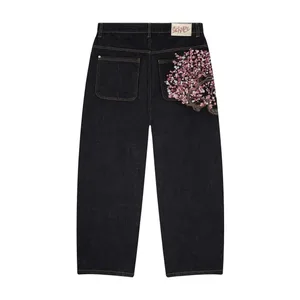 Harajuku Patchwork Cherry Blossom เย็บปักถักร้อย Denim กางเกง Y2k Vintage ผู้หญิง Baggy ตรงกางเกงยีนส์ขากว้าง Street เสื้อผ้าผู้ชาย