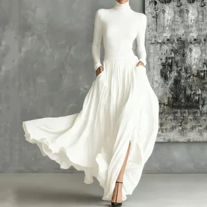 Set Rok Dua Potong Elegan Prancis untuk Wanita Setelan Ramping Turtleneck Antik Berlipat Hem Belahan Minimalis Solid Bersaku