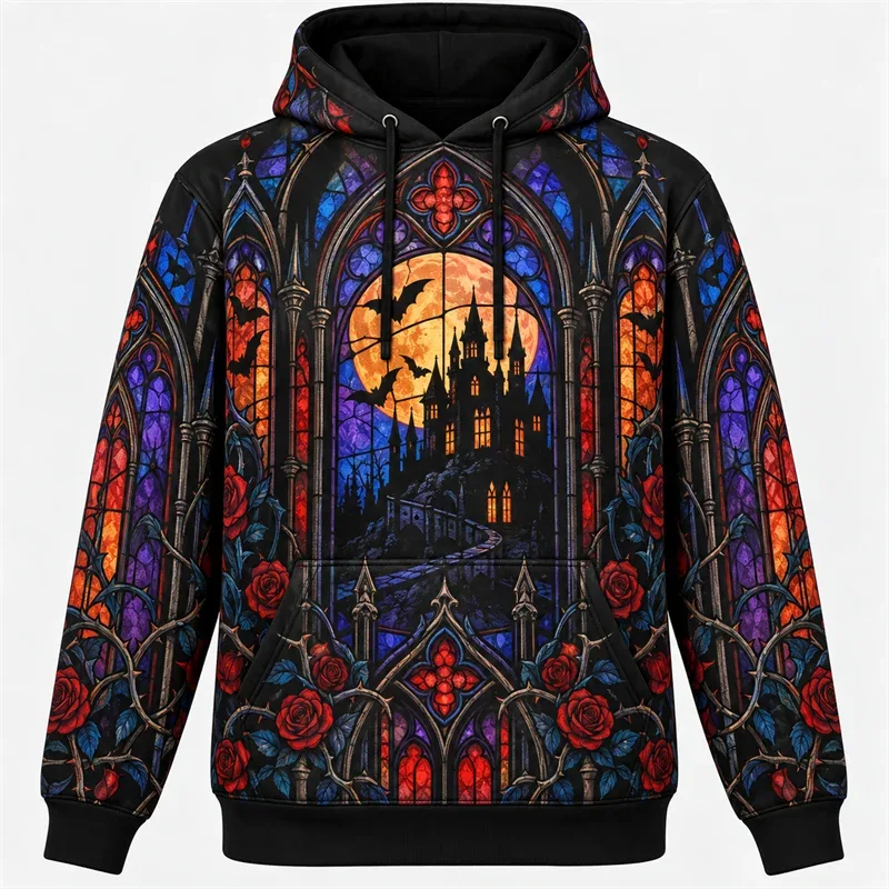 Halloweenská mikina s kapucí 3D celoplošný potisk Polyesterová mikina Gothic Ghost Pumpkin Bat Witch Lebka Horror Streetwear Pulovr Unisex