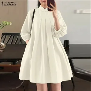 Gaun Berlipat Elegan Wanita Musim Panas Gaun Panjang Selutut A-Line Kerutan Lengan Puff 3/4 Kerah Berdiri Gaun Wanita Jubah Kasual