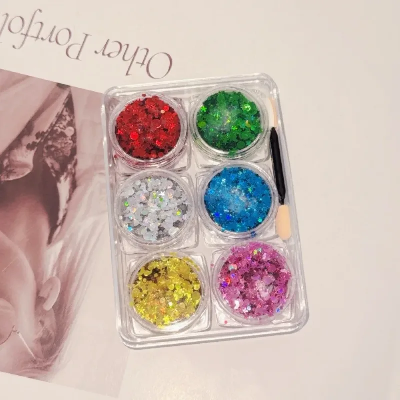 6 Buah/Set Gel Glitter Mata Warna-warni Gemerlap Festival Glitter Wajah Rambut Payet Gel Krim Payet Bulan Bintang Hati