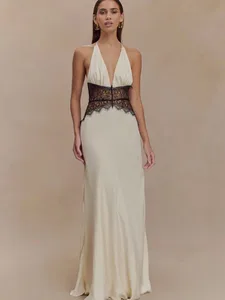 MO Patchwork Sexy Deep V-neck Lace Halter Women Maxi Dress White Backless Evening Dress Summer Slim Elegant Party Dress