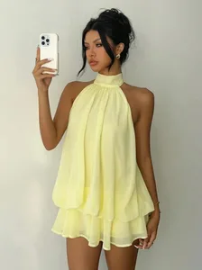 Gaun Liburan Wanita Slim Fit Fashion Seksi Punggung Terbuka Halter Dasi Pinggang Serbaguna Warna Solid Gaun Musim Panas yang Bergaya dan Nyaman