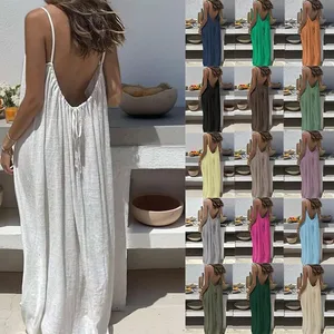 Nữ màu trơn hở lưng Cami Đầm mùa hè gợi cảm dáng rộng dài Váy đầm hở lưng cột dây Áo choàng Femme Đầm dự tiệc Mặc nhà