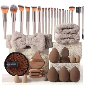 Vše v jednom 20/40 ks štětců na make-up Krása Sponge Makeup Puff Čelenka a náramek Profesionální kosmetické pomůcky dárek