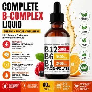 Gotas líquidas de vitamina b12, 60ml, sabor de framboesa com vitamina b6 + b1, etc., suporte multivitamínico para recuperação de energia e saúde do cérebro e do coração
