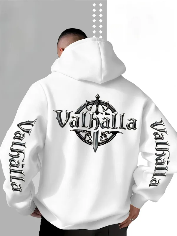 Sweat à capuche ample Viking Valhalla avec logo imprimé en forme d'épée pour homme, adapté pour l'automne et l'hiver.