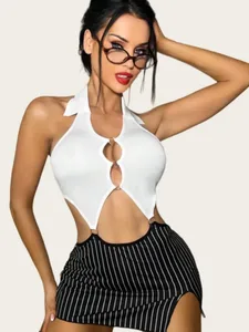 Halloween Bộ Đồ Lót Ren Nữ Dây Hở Lưng Cutout Top Sọc Mini Nữ Công Sở Trang Phục Cosplay Bộ